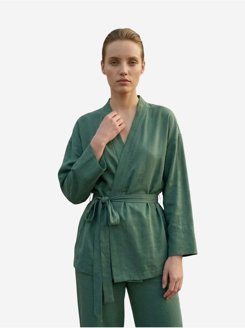 Conjunto de duas peças com cinto, decote em v e manga comprida my fashion Cáqui - Kiabi