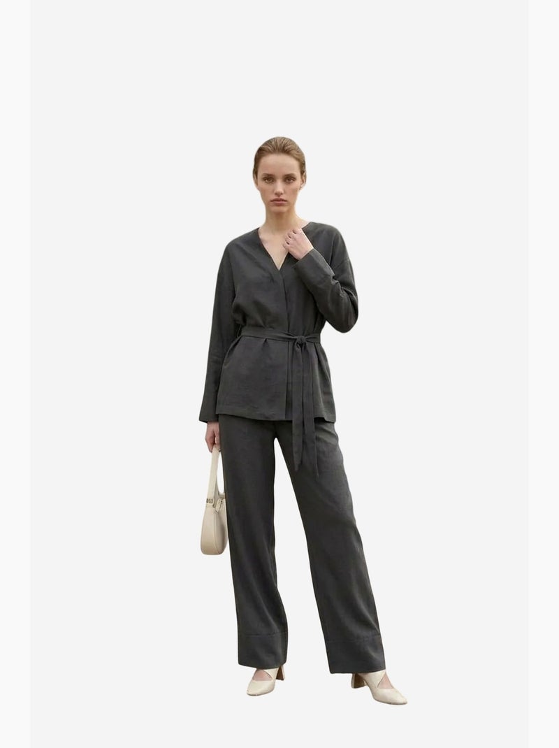 Conjunto de duas peças com cinto, decote em v e manga comprida my fashion Cinza-preto - Kiabi
