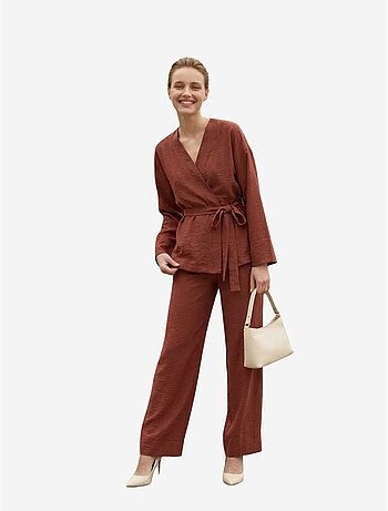 Conjunto de duas peças com cinto, decote em v e manga comprida my fashion