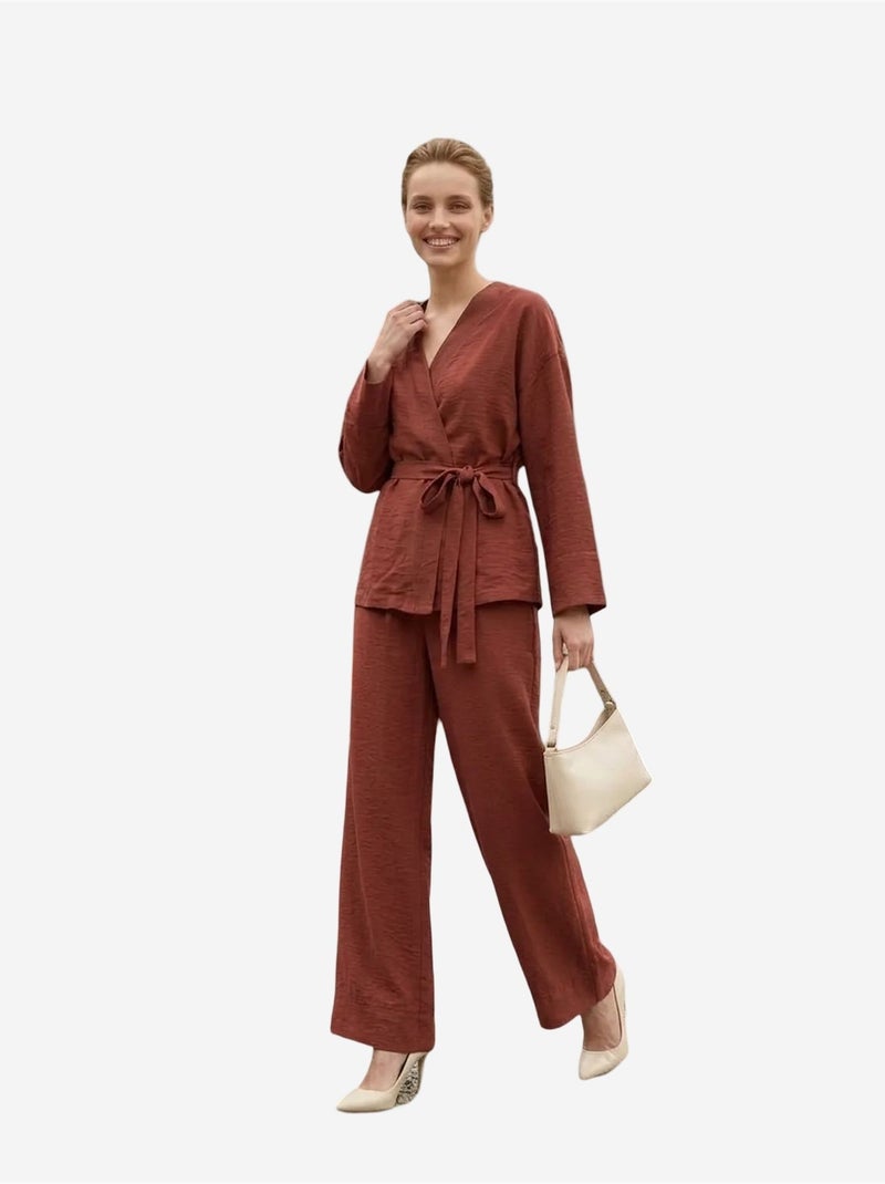 Conjunto de duas peças com cinto, decote em v e manga comprida my fashion Terracota - Kiabi