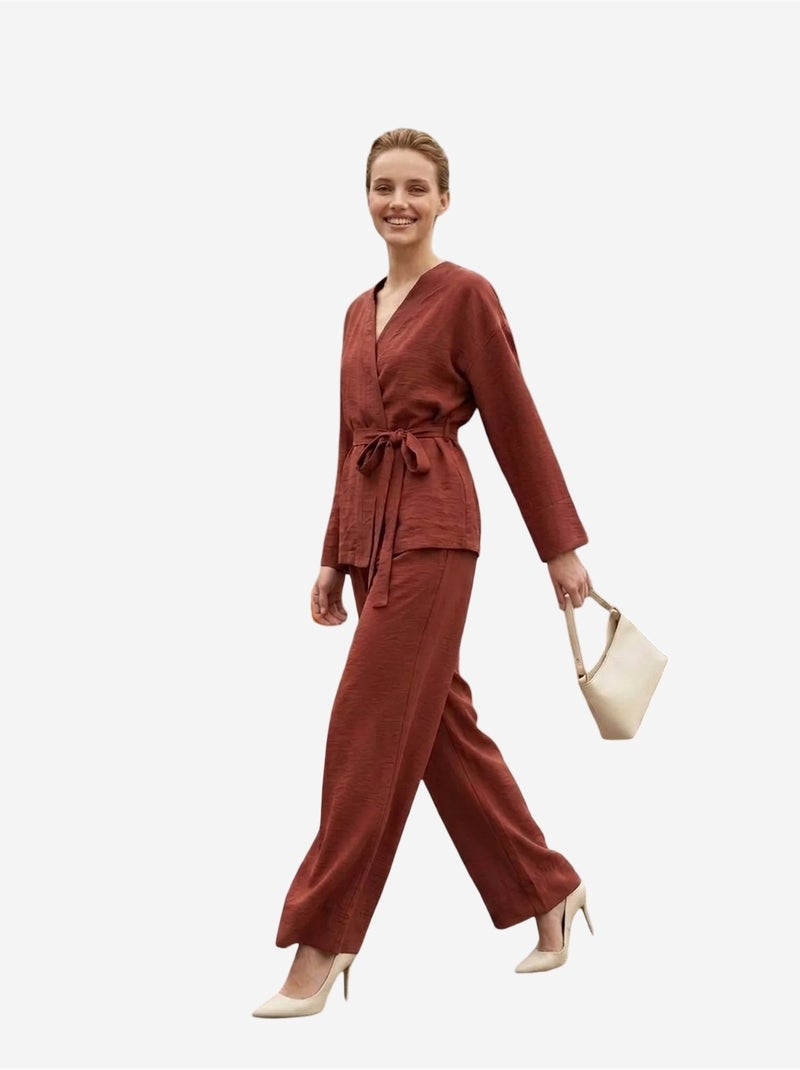 Conjunto de duas peças com cinto, decote em v e manga comprida my fashion Terracota - Kiabi