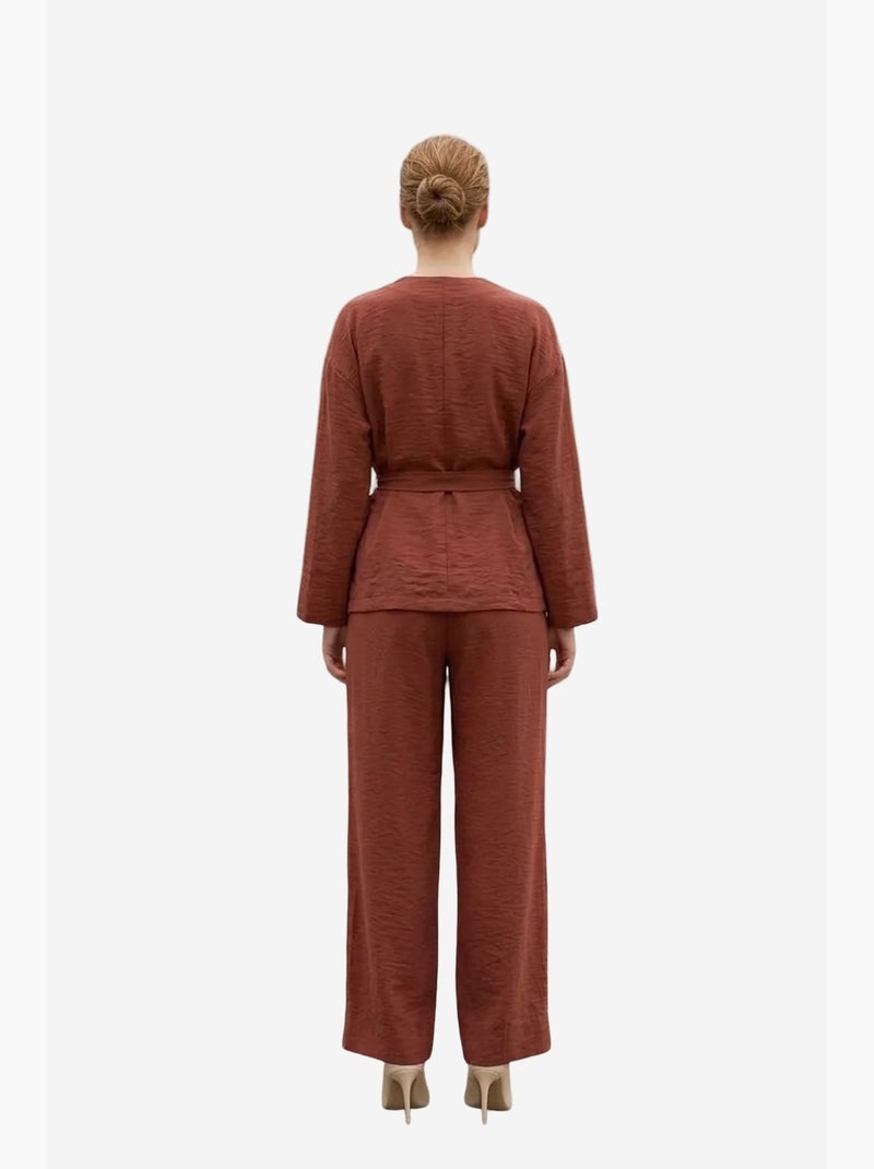 Conjunto de duas peças com cinto, decote em v e manga comprida my fashion Terracota - Kiabi