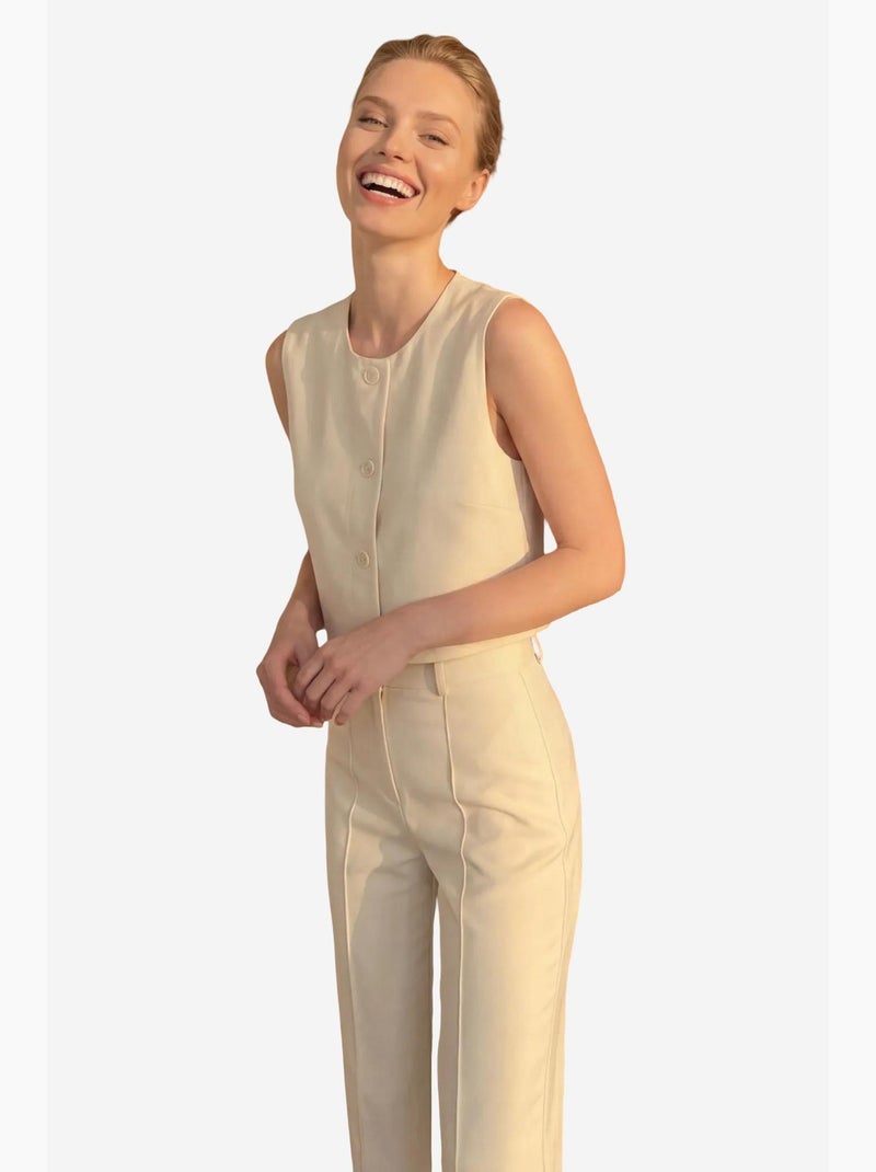 Conjunto de duas peças com colete curto de gola redonda e calças de cintura subida my fashion Bege-argila - Kiabi