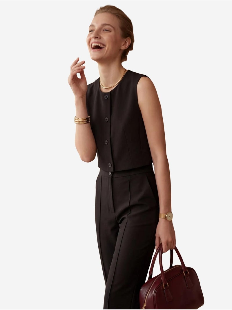 Conjunto de duas peças com colete curto de gola redonda e calças de cintura subida my fashion Preto - Kiabi