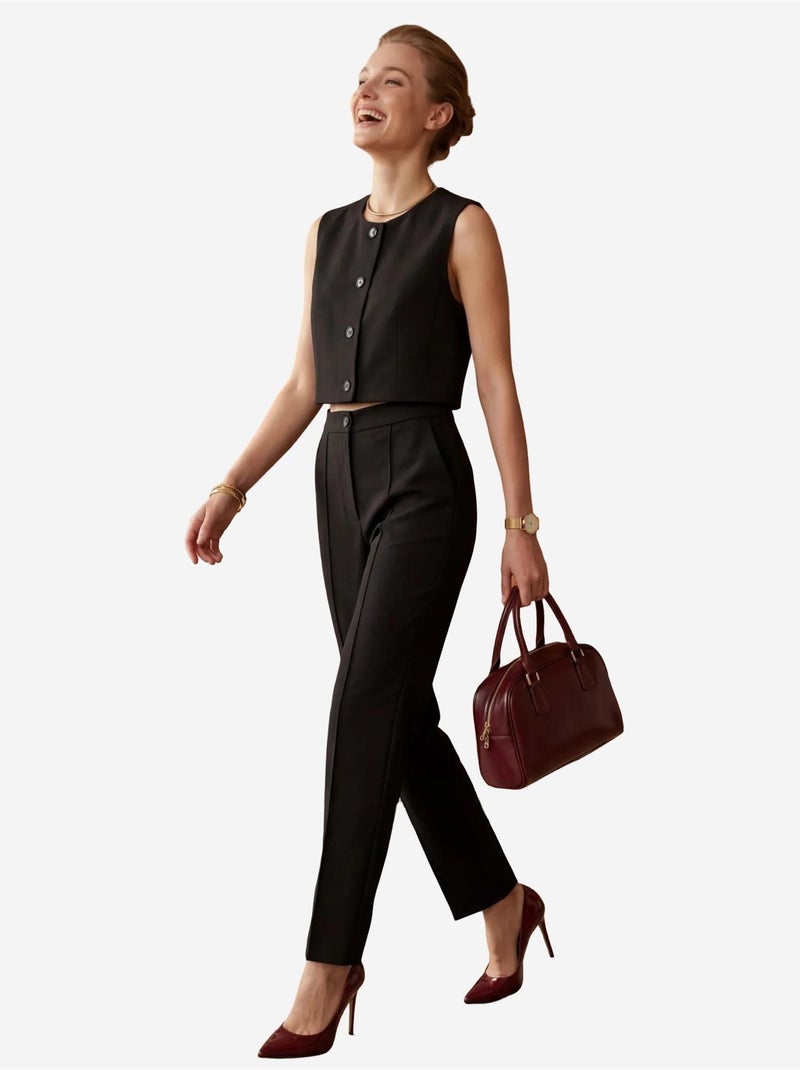 Conjunto de duas peças com colete curto de gola redonda e calças de cintura subida my fashion Preto - Kiabi
