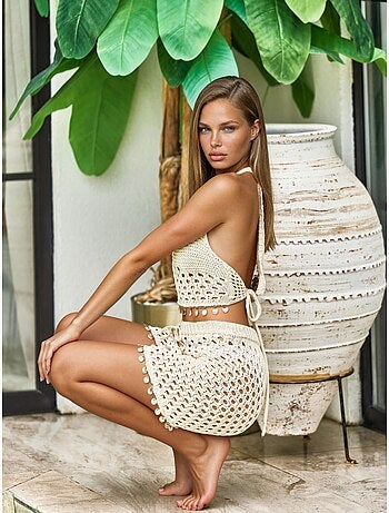 Conjunto de duas peças com decote halter texturizado e perna larga hiccup