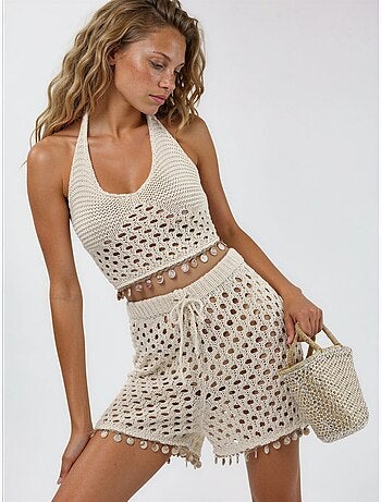 Conjunto de duas peças com decote halter texturizado e perna larga hiccup
