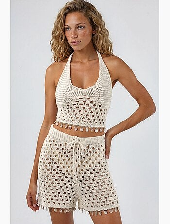 Conjunto de duas peças com decote halter texturizado e perna larga hiccup