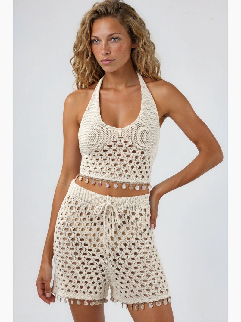 Conjunto de duas peças com decote halter texturizado e perna larga hiccup Bege natural - Kiabi