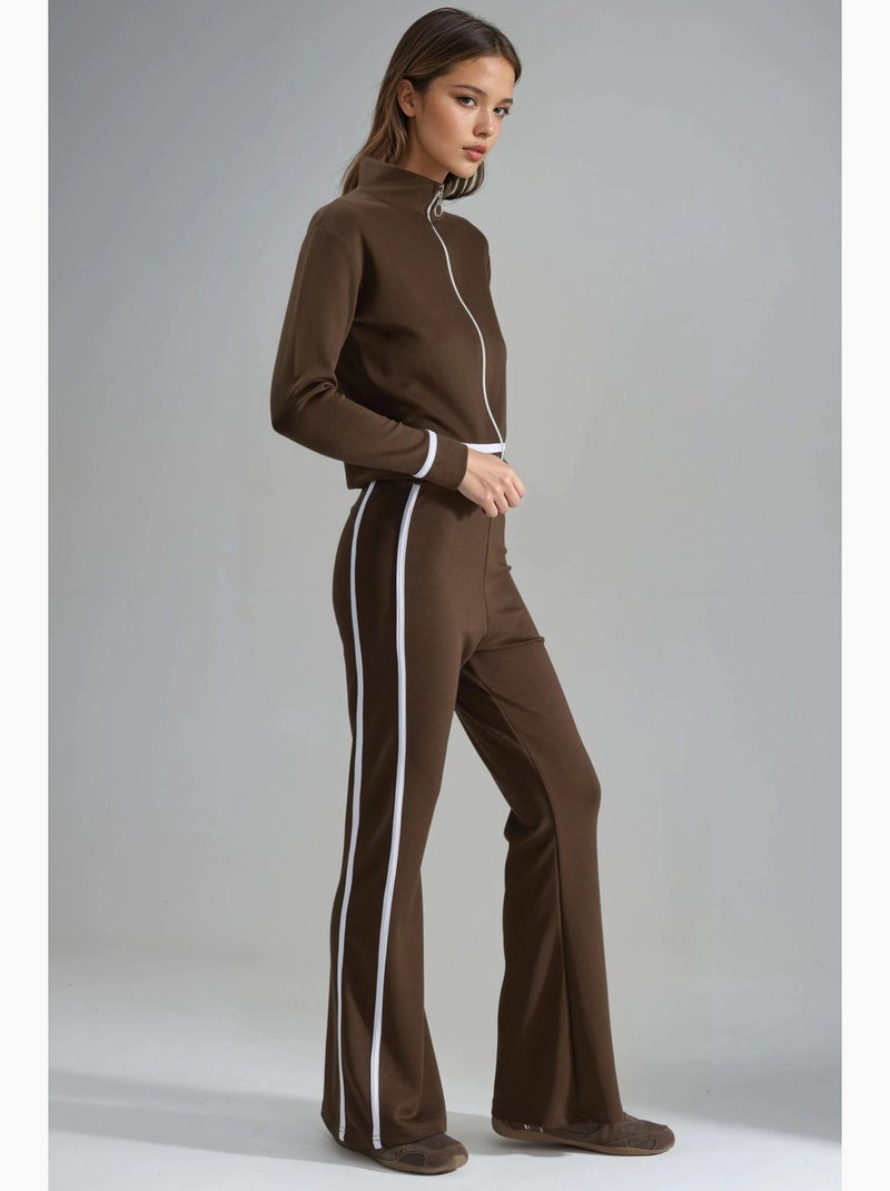 Conjunto de duas peças com sweatshirt com fecho e calças à boca de sino hiccup Castanho-claro - Kiabi
