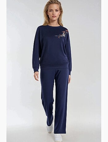 Conjunto de duas peças com sweatshirt de gola redonda bordada e calças de perna reta hiccup