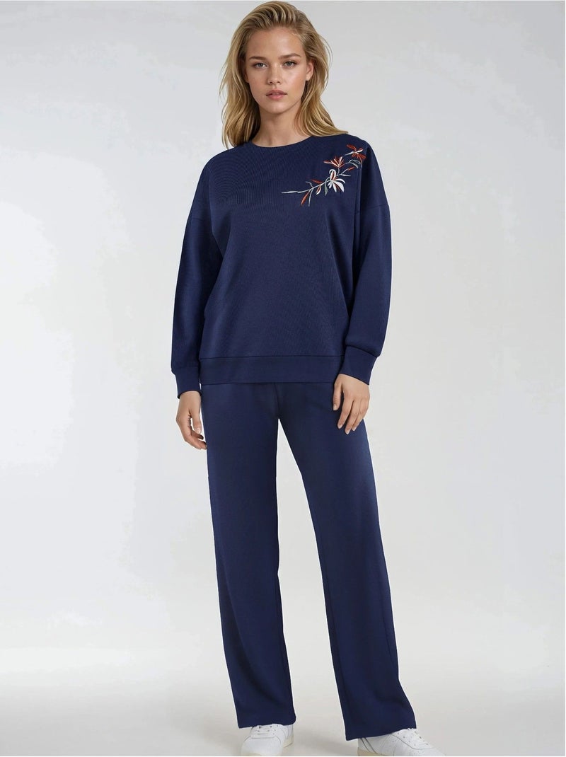 Conjunto de duas peças com sweatshirt de gola redonda bordada e calças de perna reta hiccup Azul-marinho - Kiabi