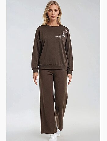 Conjunto de duas peças com sweatshirt de gola redonda bordada e calças de perna reta hiccup