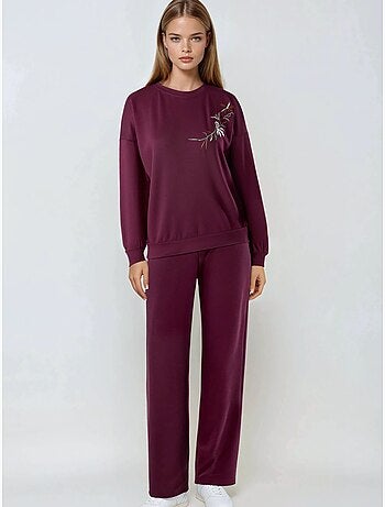 Conjunto de duas peças com sweatshirt de gola redonda bordada e calças de perna reta hiccup