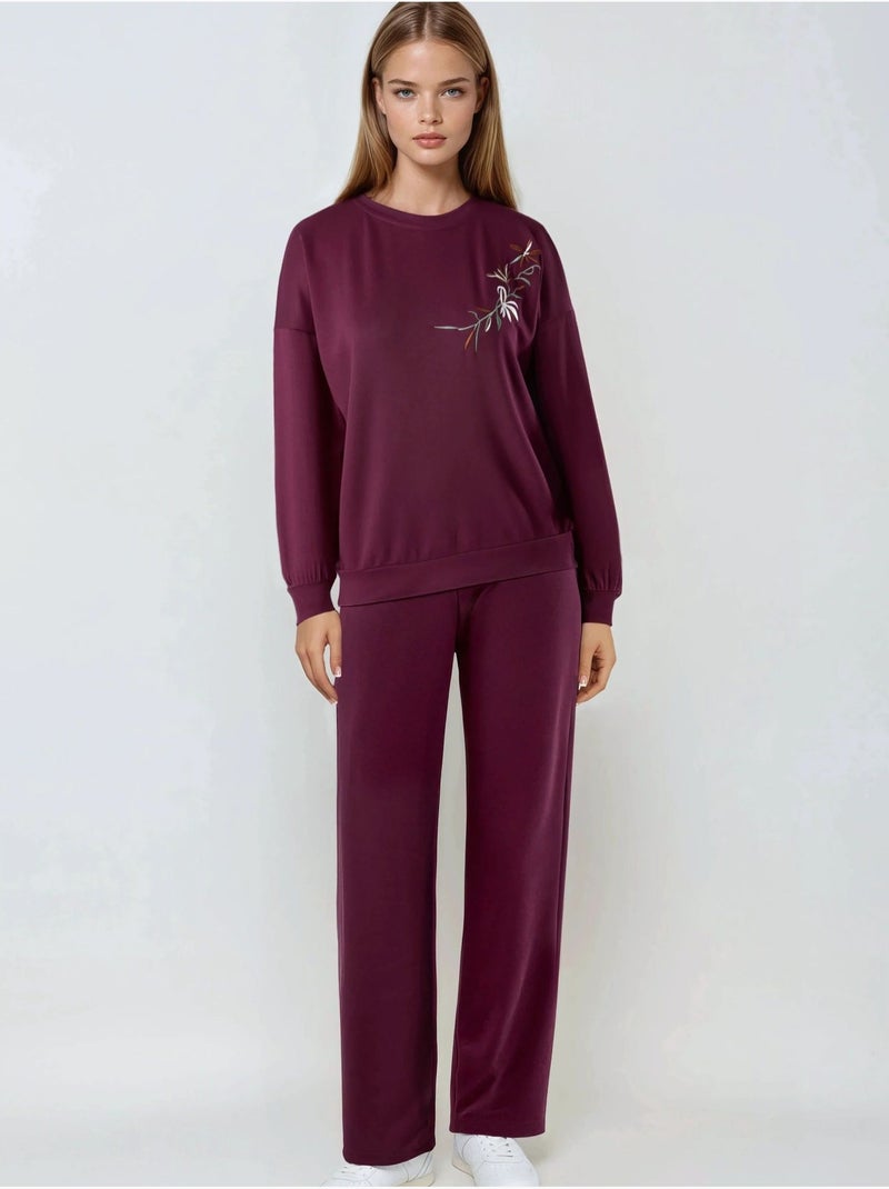 Conjunto de duas peças com sweatshirt de gola redonda bordada e calças de perna reta hiccup Vermelho bordô - Kiabi