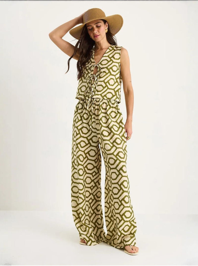 Conjunto de duas peças de blusa com detalhe atado e estampado de viscose lucci Verde cáqui - Kiabi