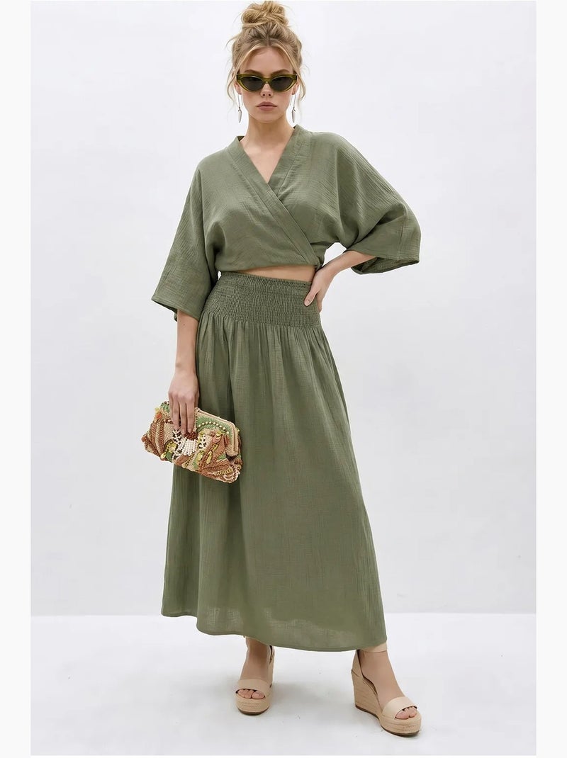 Conjunto de duas peças de blusa e saia midi de algodão lucci Cáqui - Kiabi