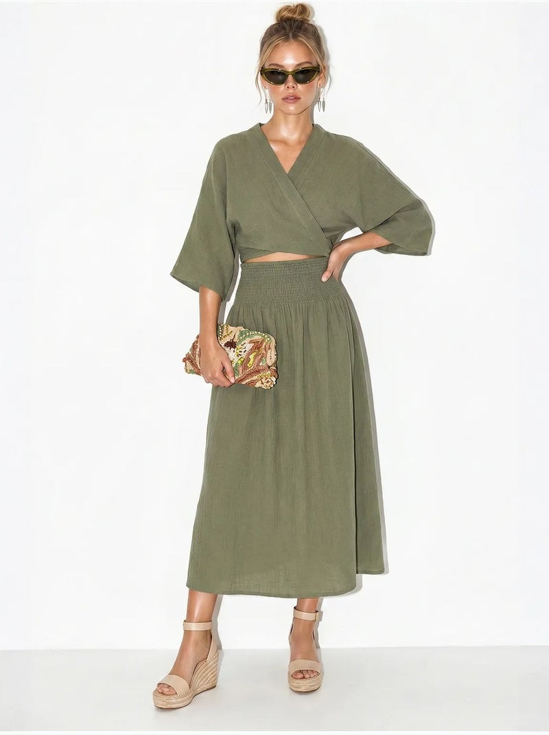 Conjunto de duas peças de blusa e saia midi de algodão lucci Cáqui - Kiabi