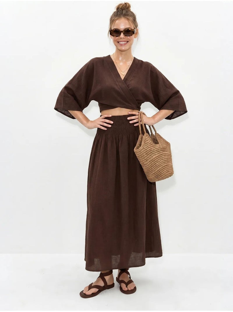 Conjunto de duas peças de blusa e saia midi de algodão lucci Castanho-chocolate - Kiabi