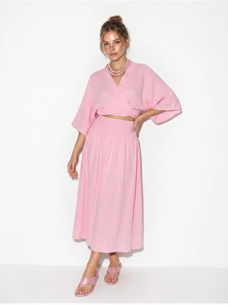 Conjunto de duas peças de blusa e saia midi de algodão lucci Rosa - Kiabi