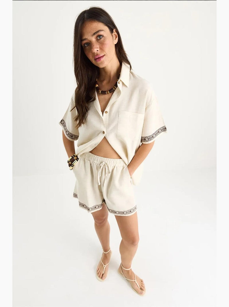Conjunto de duas peças de camisa e calções de linho bordados com bolsos lucci Bege-argila - Kiabi