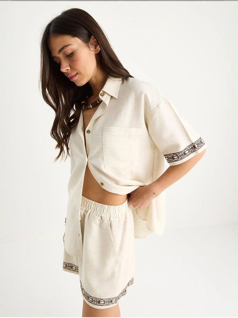 Conjunto de duas peças de camisa e calções de linho bordados com bolsos lucci Bege-argila - Kiabi