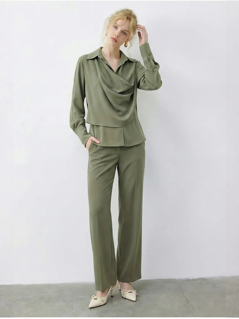 Conjunto de duas peças de cintura alta e pernas largas com gola de camisa lucci Verde cáqui - Kiabi