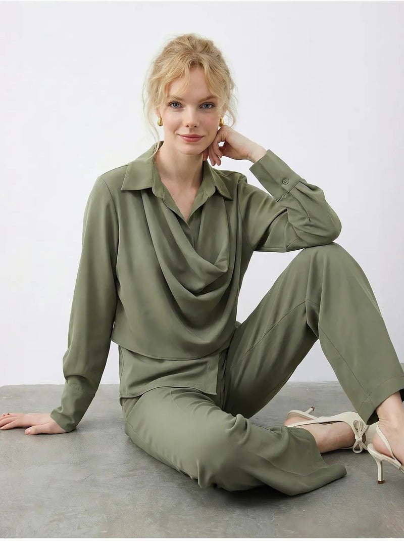 Conjunto de duas peças de cintura alta e pernas largas com gola de camisa lucci Verde cáqui - Kiabi