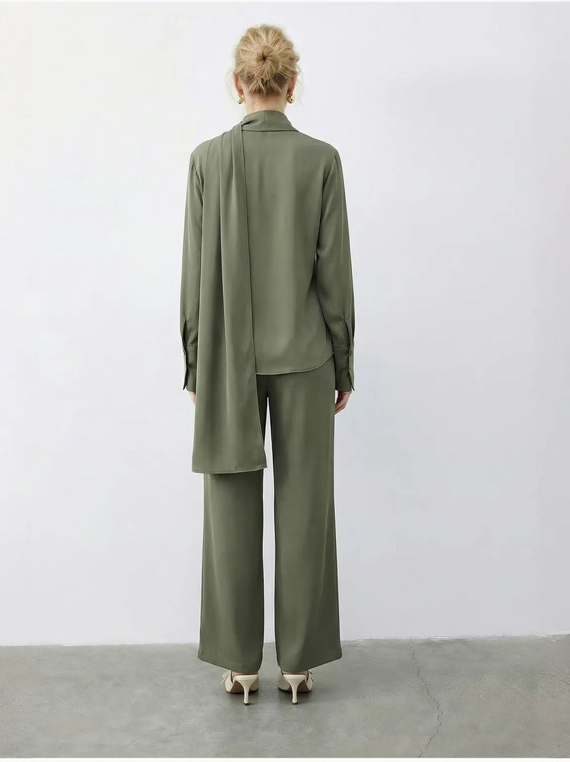 Conjunto de duas peças de cintura alta e pernas largas com gola de camisa lucci Verde cáqui - Kiabi