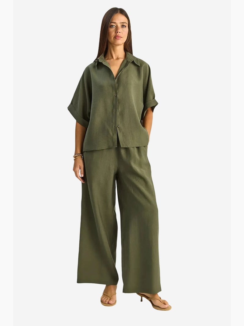 Conjunto de duas peças de perna larga de cintura subida com colarinho de camisa lucci Cáqui - Kiabi