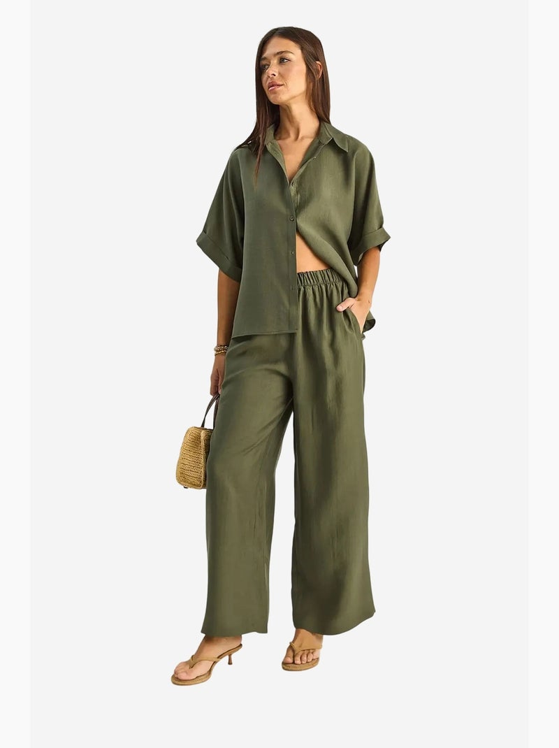 Conjunto de duas peças de perna larga de cintura subida com colarinho de camisa lucci Cáqui - Kiabi