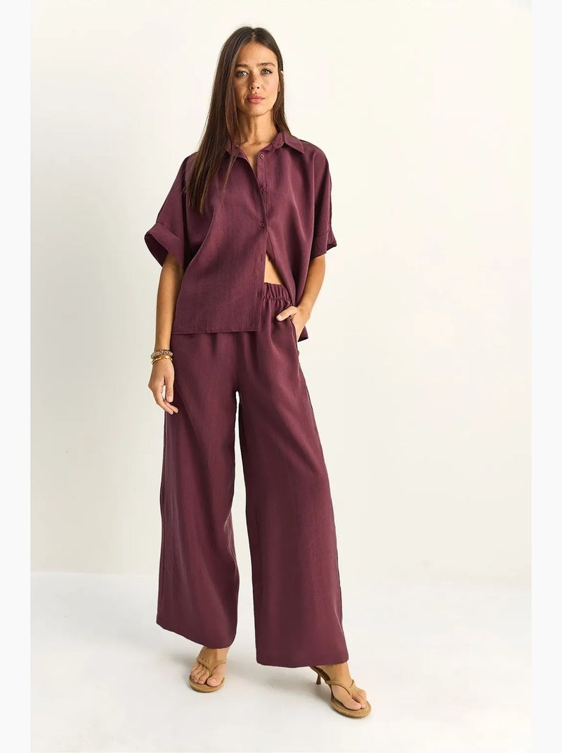Conjunto de duas peças de perna larga de cintura subida com colarinho de camisa lucci Malva - Kiabi