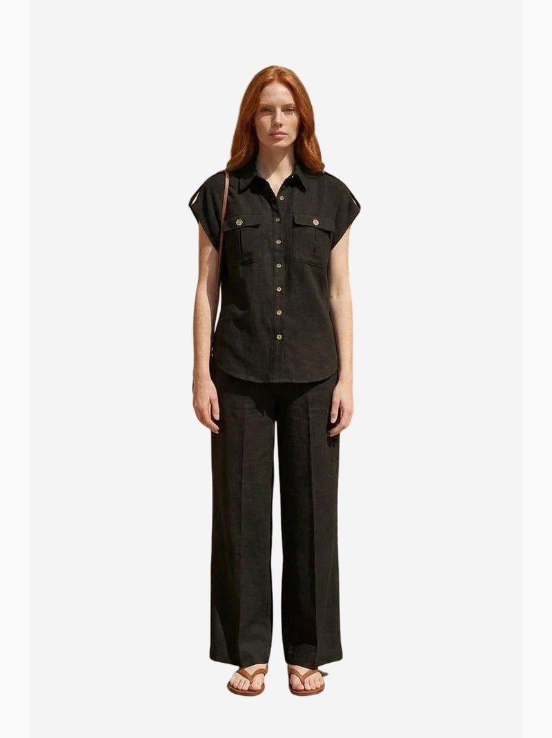 Conjunto de duas peças de perna larga de cintura subida com colarinho de camisa my fashion Preto - Kiabi