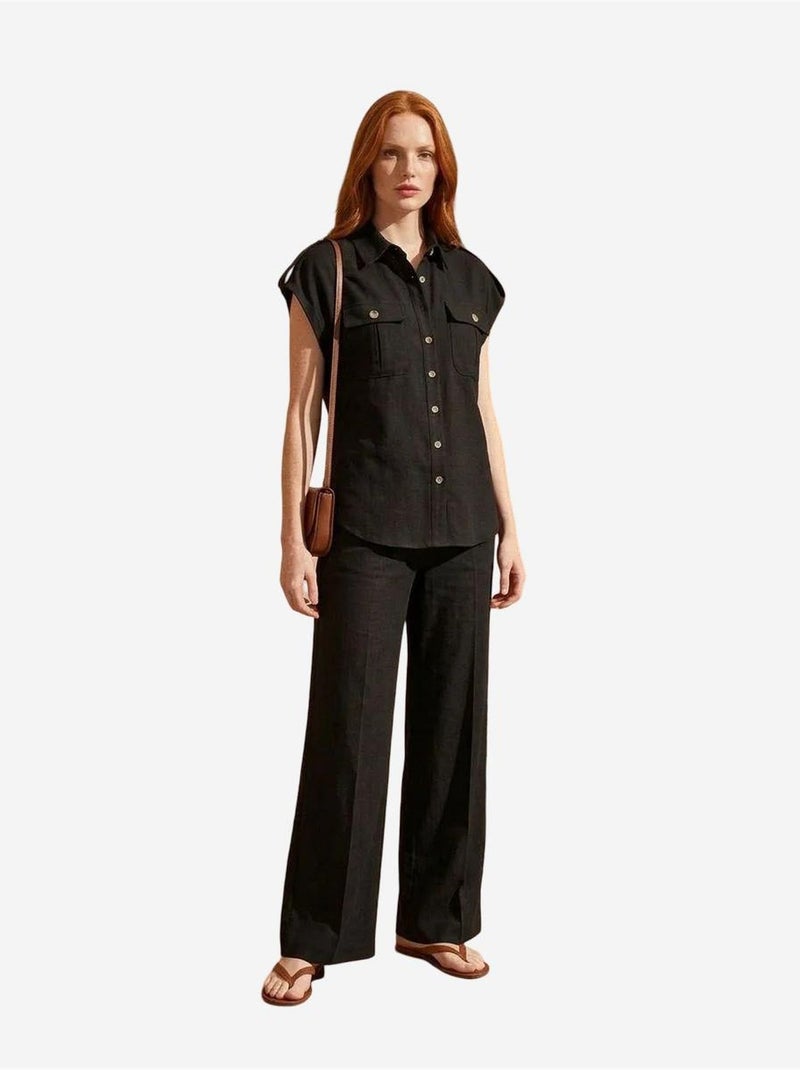 Conjunto de duas peças de perna larga de cintura subida com colarinho de camisa my fashion Preto - Kiabi