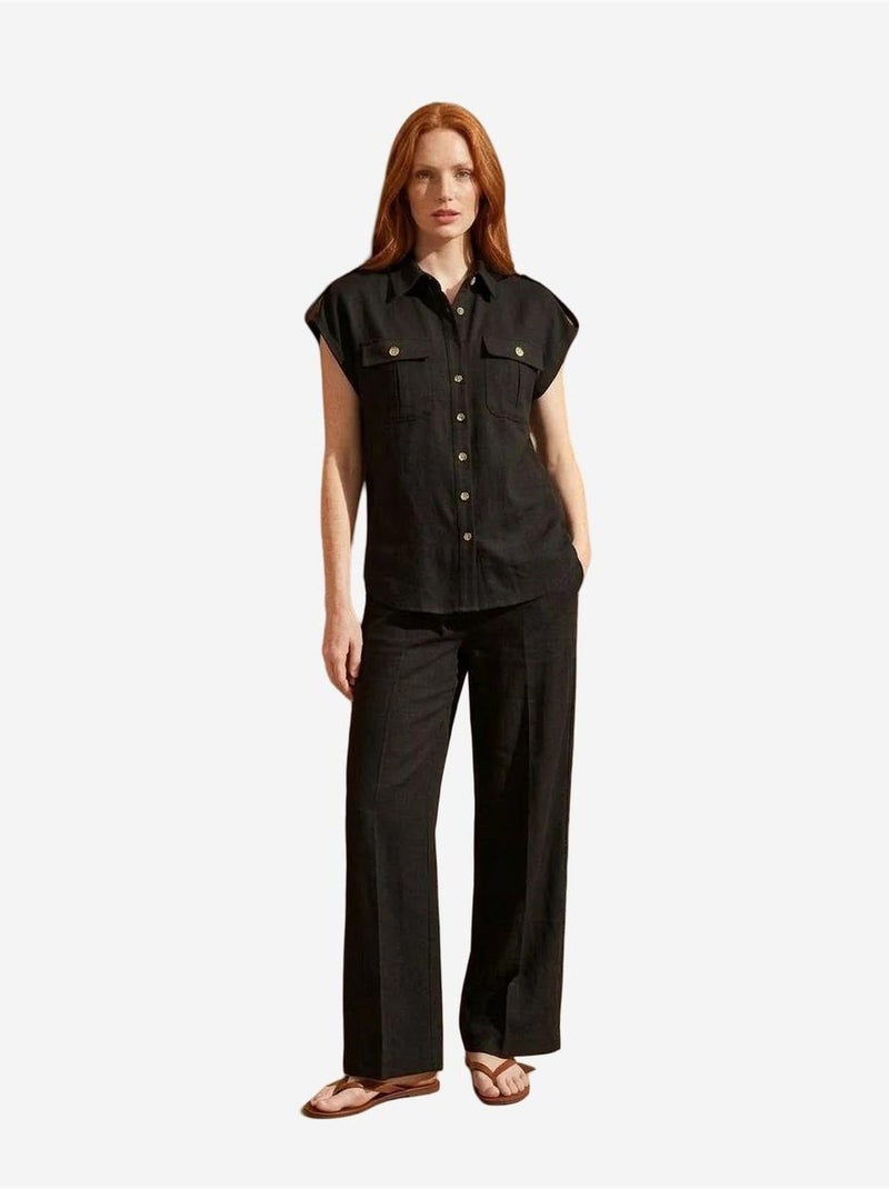 Conjunto de duas peças de perna larga de cintura subida com colarinho de camisa my fashion Preto - Kiabi