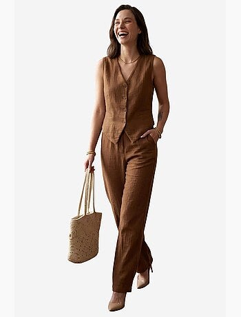 Conjunto de duas peças em algodão texturizado com colete de decote em v e calças my fashion