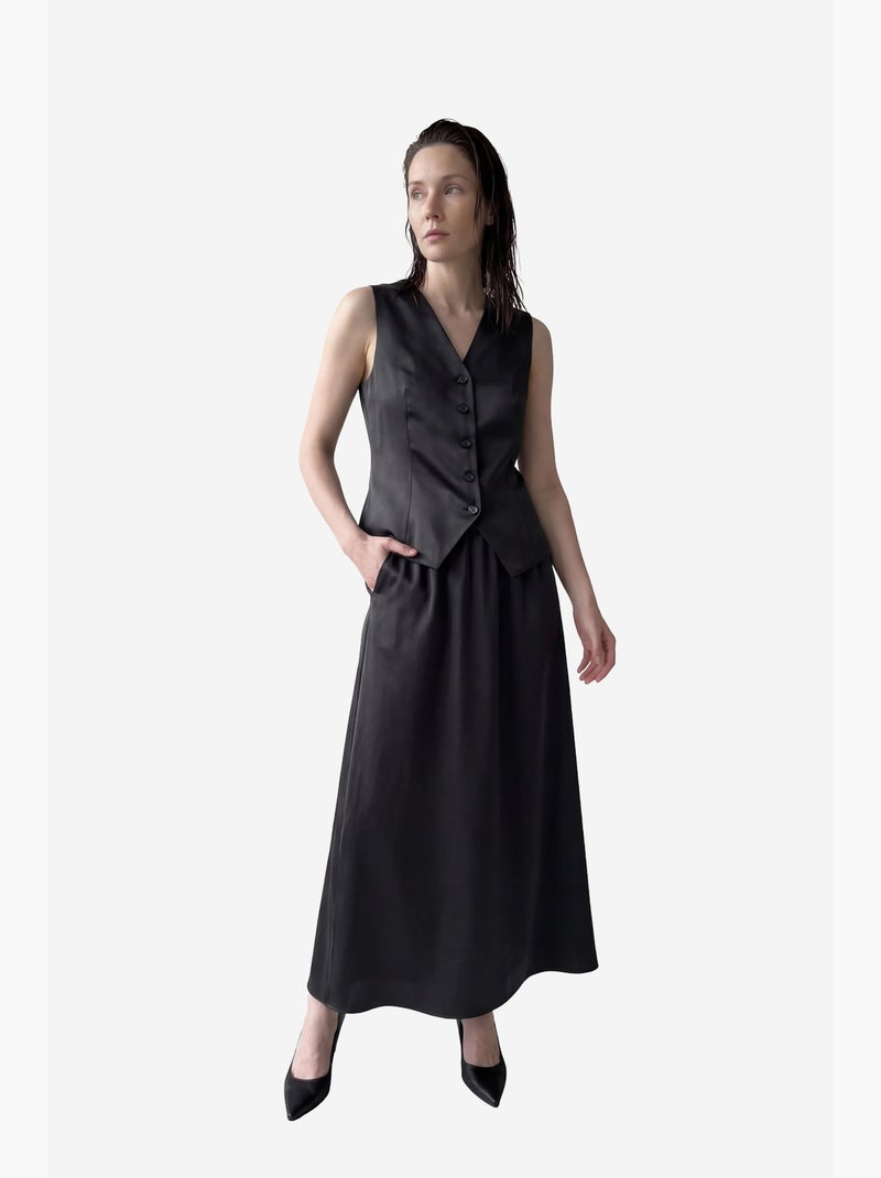Conjunto de duas peças em cetim com colete de decote em v e saia maxi my fashion Preto - Kiabi