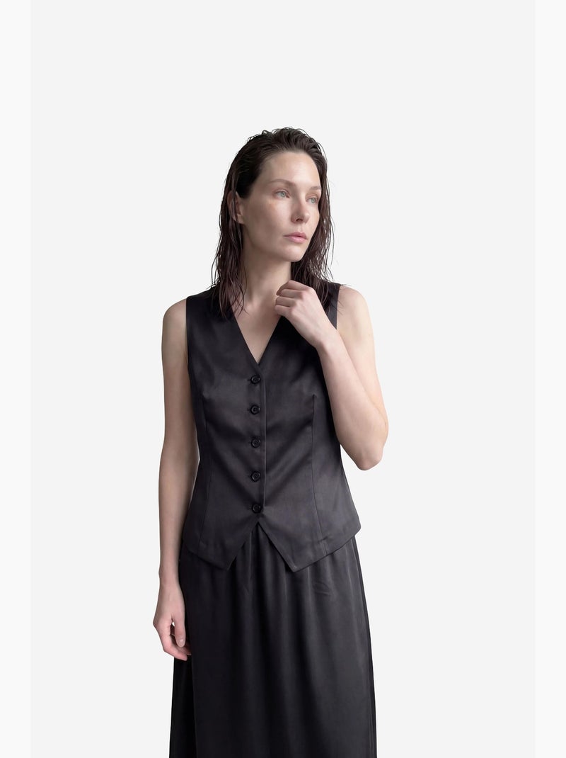 Conjunto de duas peças em cetim com colete de decote em v e saia maxi my fashion Preto - Kiabi