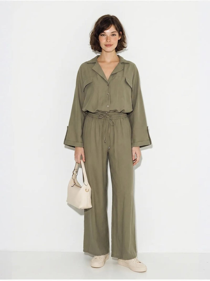 Conjunto de duas peças em crepe com blusa e calças de perna larga lucci Cáqui - Kiabi