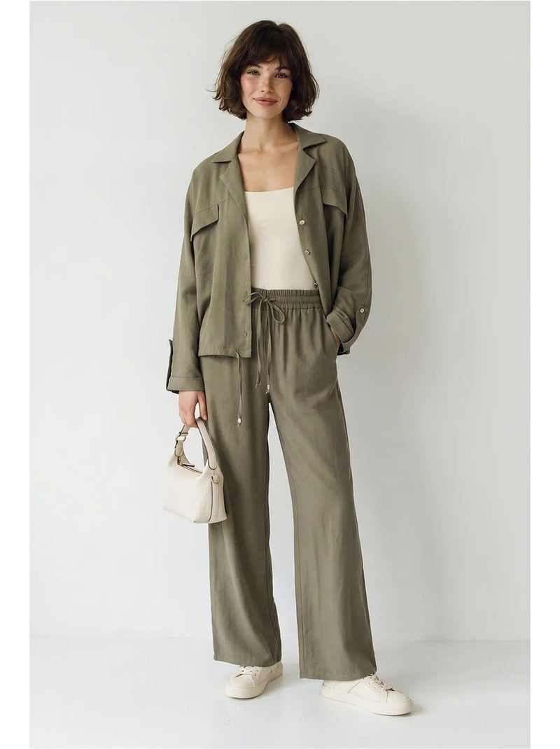 Conjunto de duas peças em crepe com blusa e calças de perna larga lucci Cáqui - Kiabi