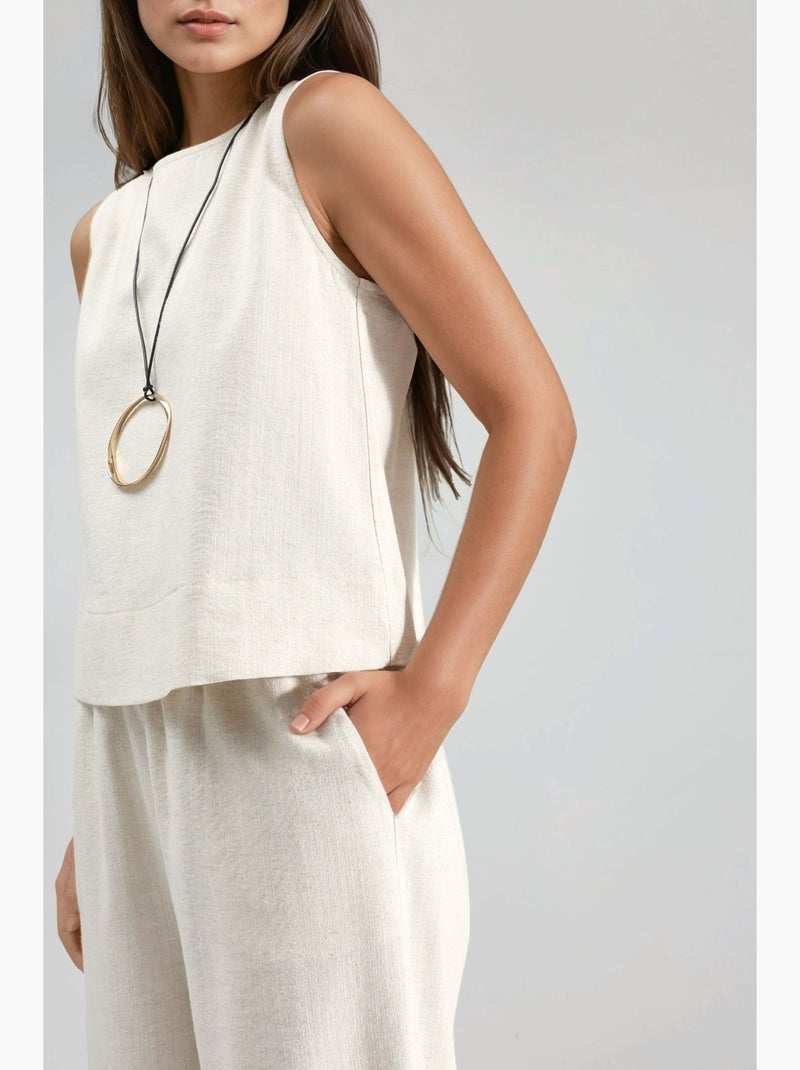 Conjunto de duas peças em linho: blusa sem mangas e calças com bolsos hiccup Marfim - Kiabi