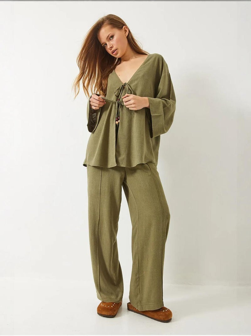 Conjunto de duas peças em linho com detalhe de missangas e laço frontal lucci Verde - Kiabi
