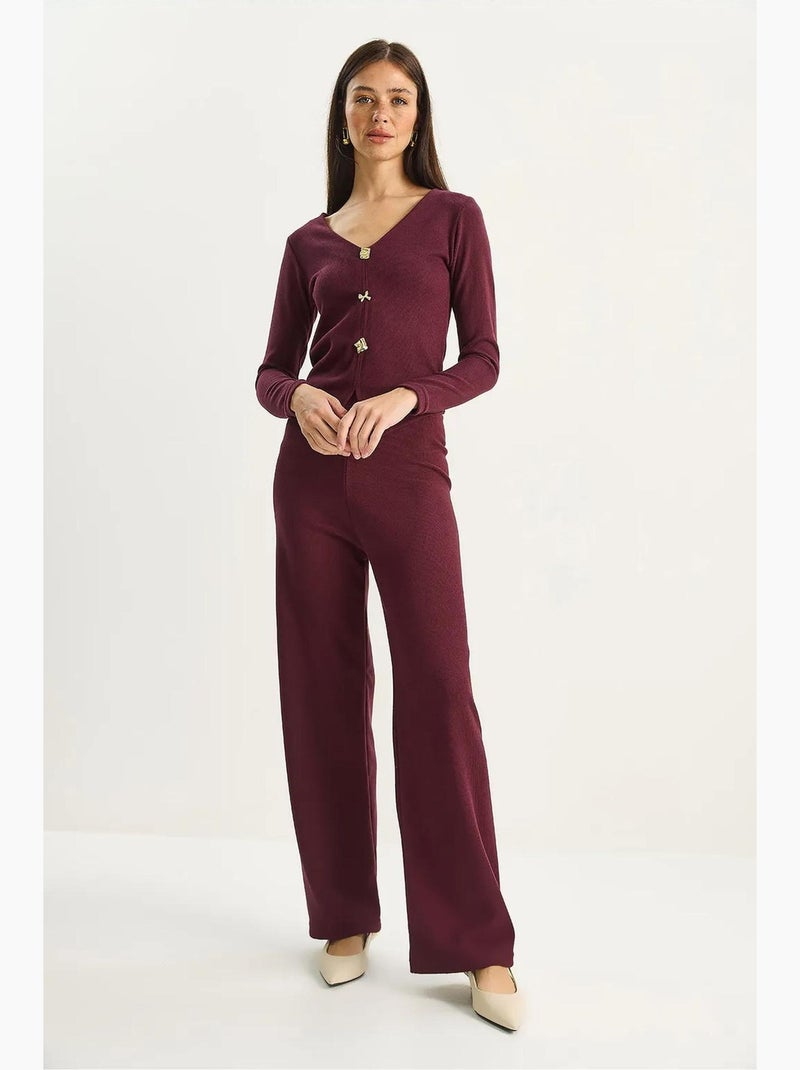 Conjunto de duas peças em malha com decote em v e perna larga lucci Vermelho bordô - Kiabi