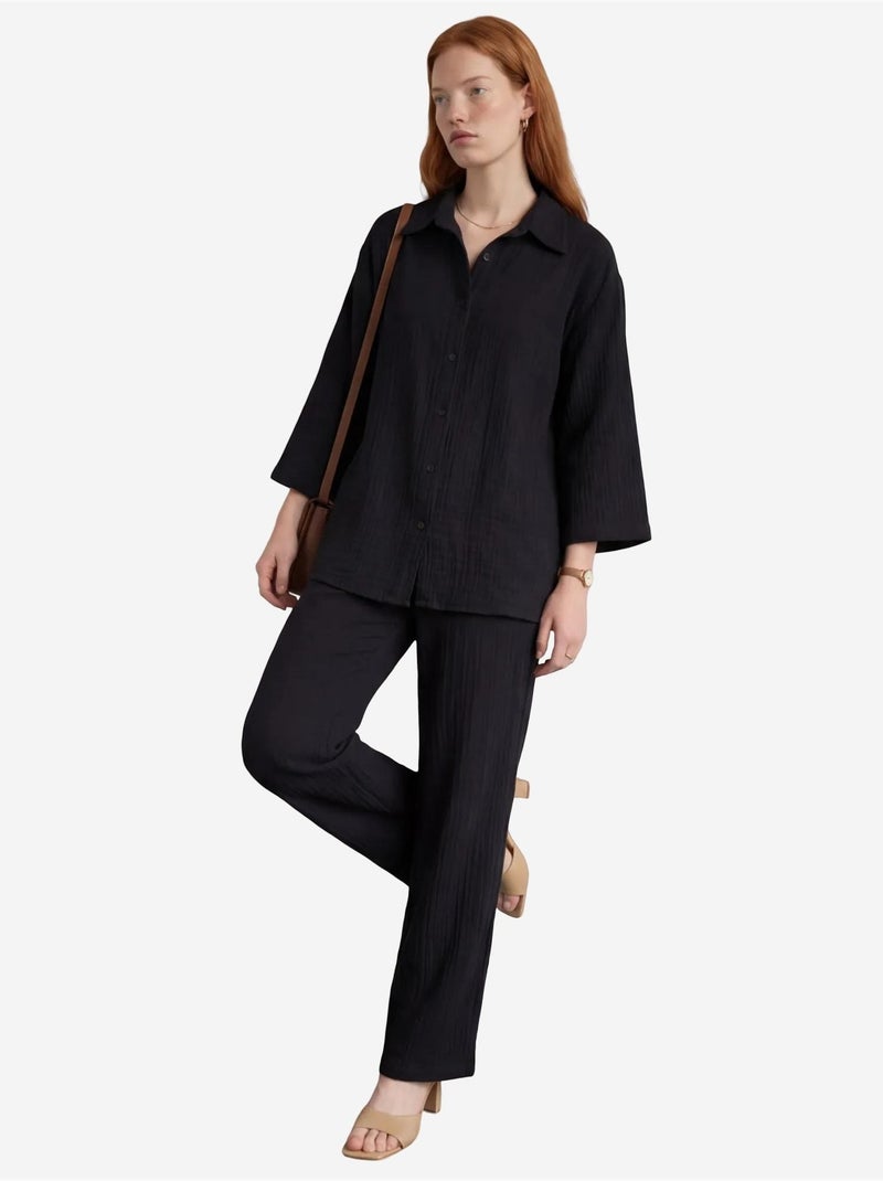 Conjunto de duas peças em tecido de musselina com camisa e calças my fashion Preto - Kiabi