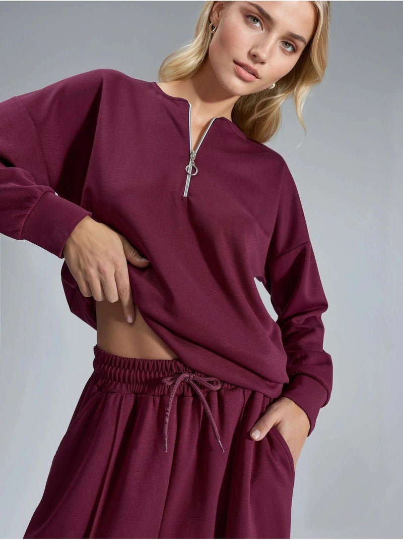 Conjunto de duas peças modal touch com gola com fecho hiccup Vermelho bordô - Kiabi