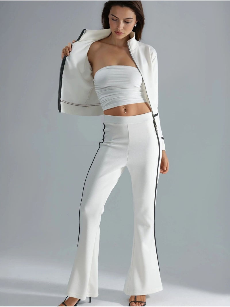 Conjunto de duas peças modal touch com sweatshirt com fecho e calças à boca de sino hiccup Branco - Kiabi