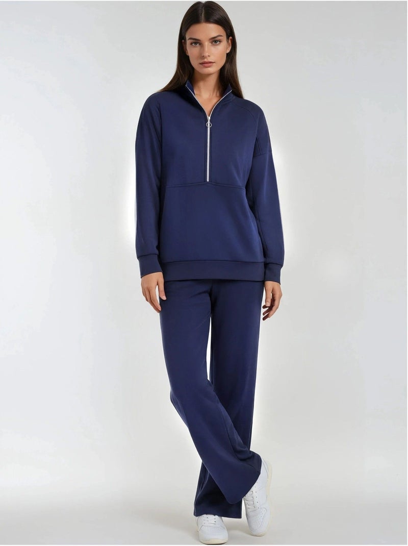 Conjunto de duas peças modal touch de perna larga com gola com fecho coleção bersan hiccup Azul-marinho - Kiabi