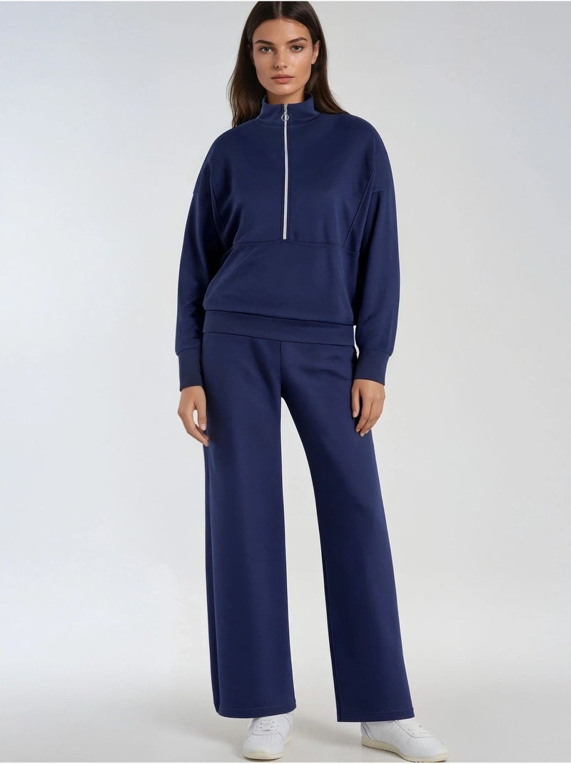 Conjunto de duas peças modal touch de perna larga com gola com fecho coleção bersan hiccup Azul-marinho - Kiabi