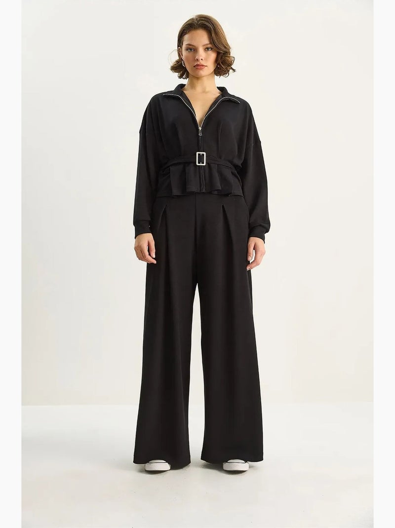 Conjunto de malha de duas peças com casaco com cinto e calças lucci Preto - Kiabi