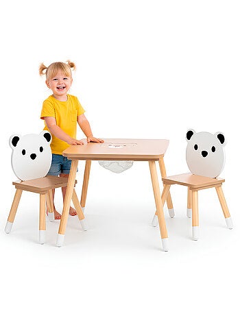Conjunto de mesa e 2 cadeiras "urso" em madeira – espaço criativo com arrumação